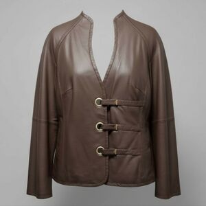 Pam McCoy Chocolate Brown Leather Jacket w/Unique Grommet & Button Front Closure
